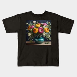 Ranunculus Flowers and Eucalyptus Leaves Still Life Painting in Turquoise Vase Kids T-Shirt